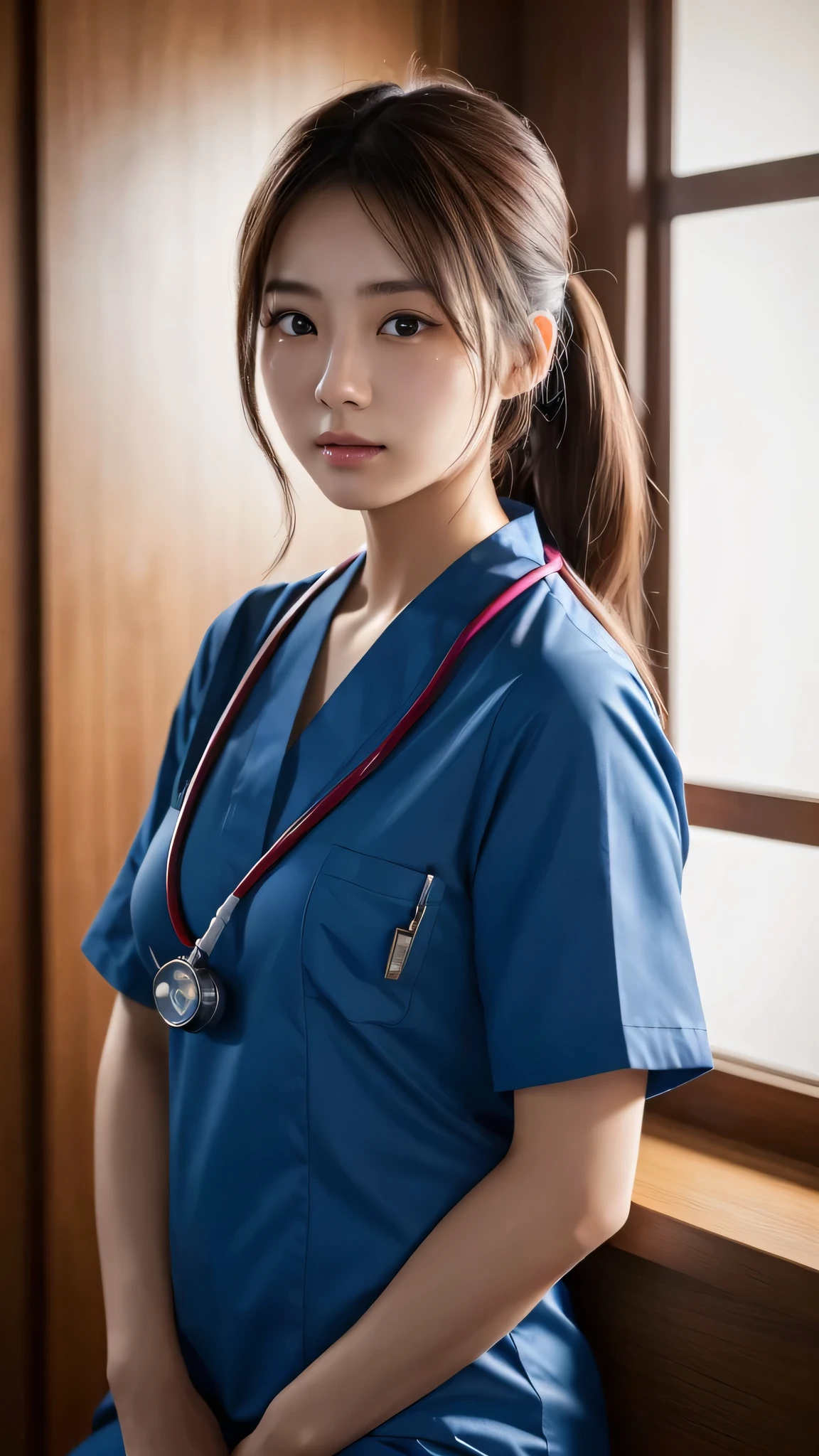A beautiful young Japanese woman, around 20 years old, wearing a Nurses' Uniforms, ultra-detailed, 8K resolution, highly realistic, cinematic lighting, best quality, masterpiece, photorealistic, physically-based rendering, extremely detailed, vivid colors, professional, sharp focus, studio lighting