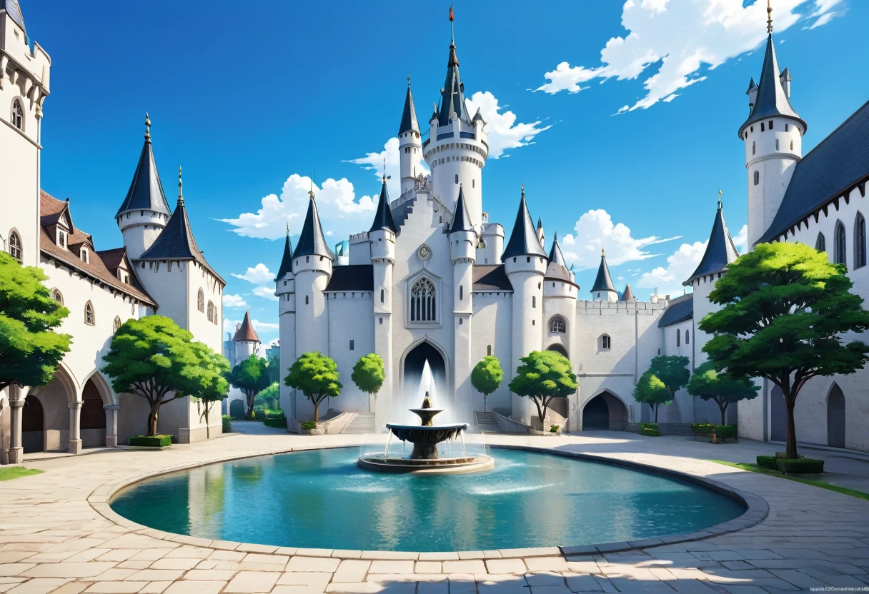 medieval times, in fountain park, blue sky, anime background, empty background image, white city, white medieval buildings