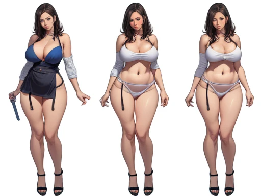 ((masterpiece)),(((best quality))),((character design sheet)), ((full body view)) illustration,Catalogue cover of Female Spearers,1girl, thick thighs, ((detailed face:1.4)) , rough sketches, between breasts,big breasts,wearing an short apron without any clothes on and spear,hair accessories,seductive grin smug,solid color backdrop, clean backdrop,