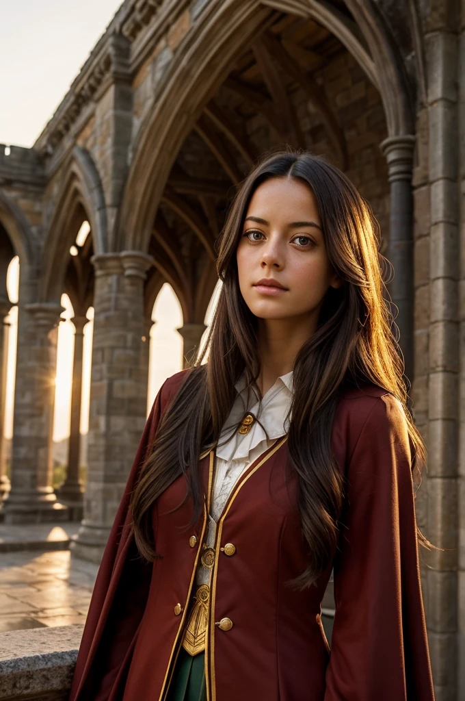 Create an image of a long dark-haired young woman with hazel eyes wearing the traditional Gryffindor uniform from Hogwarts. She should have a striking resemblance to Kaya Scodelario with a medium chest size. Position her in the foreground, with the majestic Hogwarts castle courtyard as the backdrop, bathed in the soft, golden light of a setting sun. The scene should capture the enchantment and grandeur of the magical world, emphasizing the young woman's confident and determined expression.

