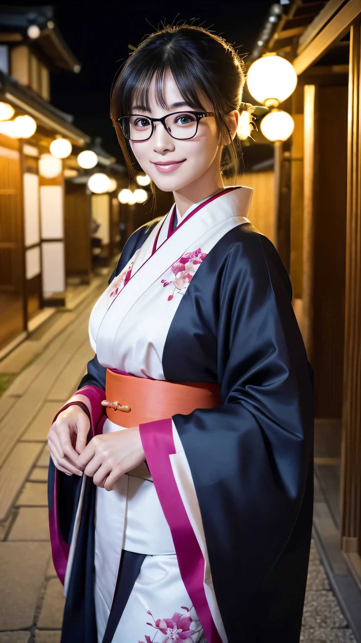 (Super beautiful woman in kimono)、((highest quality、8K masterpiece:1.3))、sharp focus:1.2、(super beautiful face:1.0)、(shiny skin:1.0)、realistic pictures、black hair、video lighting、High resolution eyes and face、video lighting、japanese actress、from the front、big breasts、with a happy smile、Slender abs beauty、whole body、wearing a kimono、in Kyoto、(((luxury obi)))、In Kyoto at night、wearing glasses with no edge、with a fan