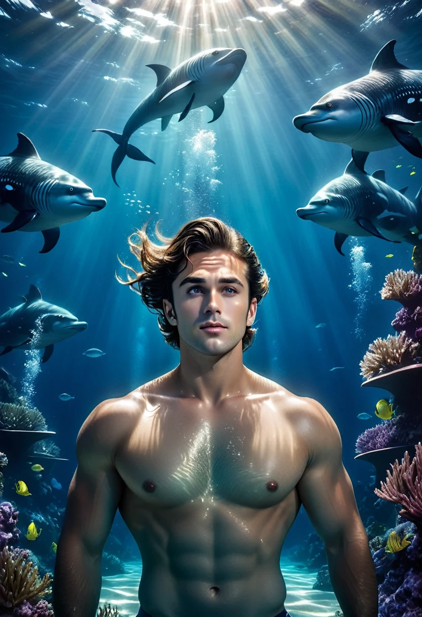 A captivating image of an attractive, muscular sailor, shirtless, toned, and entranced beneath the song of the hunk mermans. He is submerged underwater, surrounded by three handsome mermans with alluring features. His face appears to be under a spell, and his expression conveys a sense of mystery and tranquility from the ocean's depths. The background reveals the vast ocean with its deep blues and a sense of untouched beauty.underwater atmosphere,underwater shadows,underwater light reflection,masterpiece,trending on pinterest