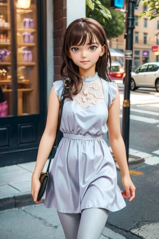 ((masterpiece, Highest quality, Very detailed)), girl, alone,
Fashion Model, cute female model, Girlish style, Lavender dress,Light grey leggings, Street Corner, cafe at sunset, Soft Light