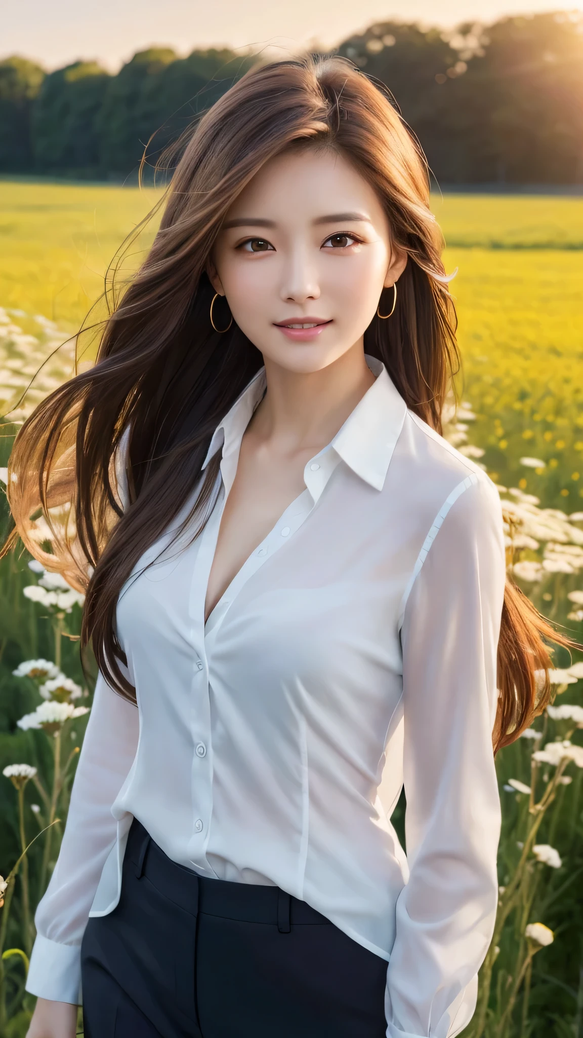 highest quality、genuine、Super detailed、finely、High resolution、8k wallpaper、one beautiful woman、、、light brown disheveled hair、wearing a business suit、sharp focus、perfect dynamic composition、beautiful and detailed eyes、thin hair、Detailed genuine skin texture、smile、model body shape、In a windswept meadow