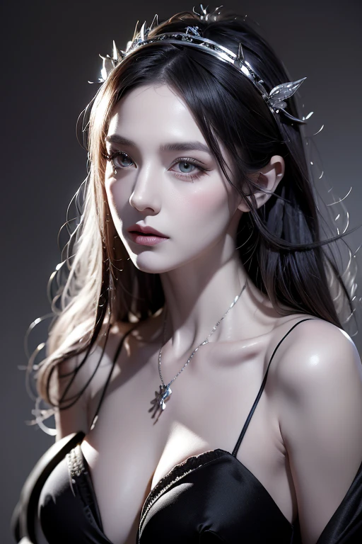 A pale goth woman with black roses in her hair, grey eyes and silver makeup wearing an elaborate headdress made of lace and thorns, a pentagram necklace around her neck and flowers on top of her head, digital art in the style of daniel f gerhartz and Ray Caesar, detailed portrait