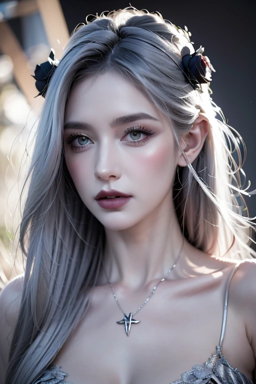 A pale goth woman with black roses in her hair, grey eyes and silver makeup wearing an elaborate headdress made of lace and thorns, a pentagram necklace around her neck and flowers on top of her head, digital art in the style of daniel f gerhartz and Ray Caesar, detailed portrait
