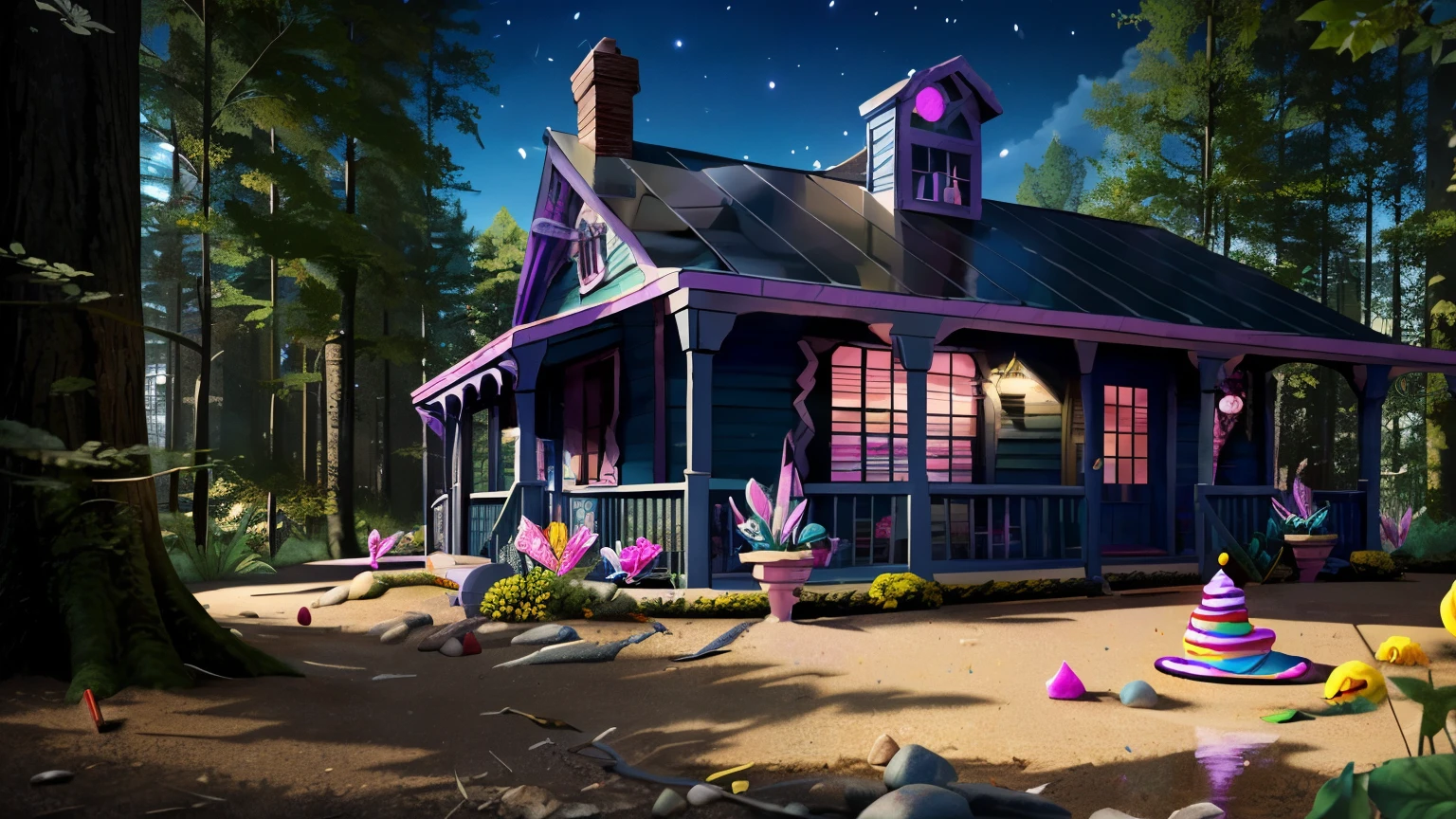 SCP-5986 - Mom, take me to Millie's Candy Shop!, from SCP lore, is a phenomenon randomly occurring in the state of Rhode Island, in the middle of the darkest forests, there is a cute, pink little house candy-related; It had a garden with  just lollipops stuck in dirt all over the place,  minimalistic, hyperrealistic surrealism, award winning masterpiece with incredible details, epic stunning, infinity pool mirrors, a surreal vaporwave liminal space with mirrors, highly detailed trending on ArtStation, artgerm and greg rutkowski and alphonse mucha, daily deviation