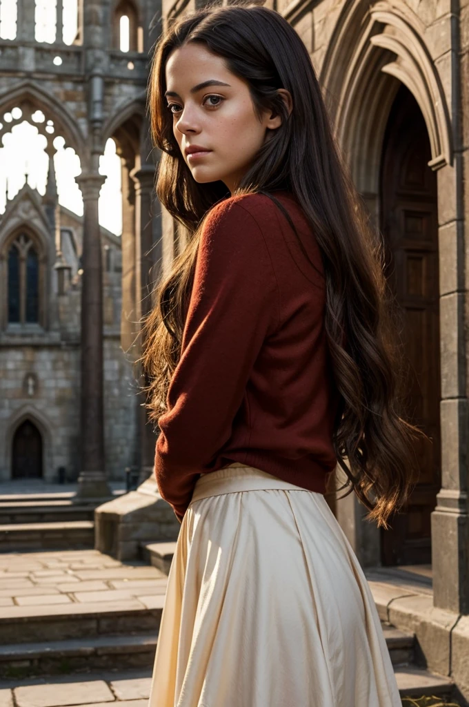 Create an image of a long dark-haired young woman with hazel eyes wearing Gryffindor uniform from Hogwarts. She should have a striking resemblance to Kaya Scodelario with a medium chest size. Position her in the foreground, with the majestic Hogwarts castle courtyard as the backdrop, bathed in the soft, golden light of a setting sun. The scene should capture the enchantment and grandeur of the magical world, emphasizing the young woman's confident and determined expression.