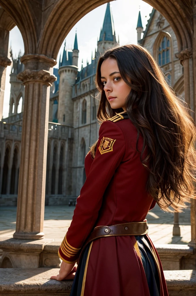Create an image of a long dark-haired young woman with hazel eyes wearing Gryffindor uniform from Hogwarts. She should have a striking resemblance to Kaya Scodelario with a medium chest size. Position her in the foreground, with the majestic Hogwarts castle courtyard as the backdrop, bathed in the soft, golden light of a setting sun. The scene should capture the enchantment and grandeur of the magical world, emphasizing the young woman's confident and determined expression.