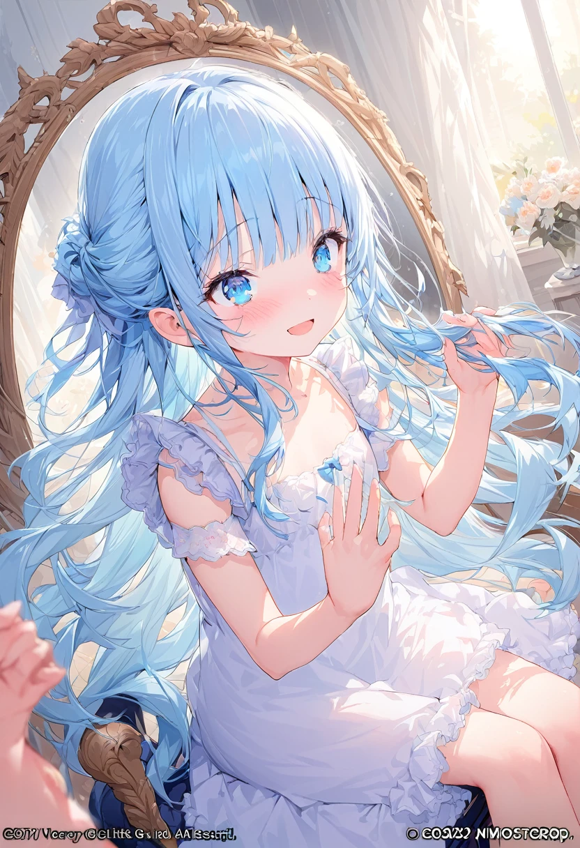 masterpiece, best quality, extremely detailed, (illustration, official art:1.1), 1 girl ,(((( light blue long hair)))), ,(((( light blue long hair)))),light blue hair, , long hair ((blush)) , cute face, big eyes, masterpiece, best quality,(((((a very delicate and beautiful girl))))),Amazing,beautiful detailed eyes,blunt bangs((((little delicate girl)))),tareme(true beautiful:1.2), sense of depth,dynamic angle,,,, affectionate smile, (true beautiful:1.2),,(tiny 1girl model:1.2),)(flat chest),absurderes, ultra-detailliert,bright colour,view straight on, ;D, ,Delicate beautiful face, red blush、Blue eyes, smile,happy girl, she is sitting in a chair,facing the mirror, 
A girl with an eye outside. Hairstyle comb、Stroking your hair, profile
