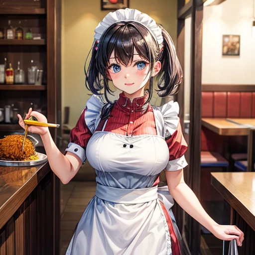 A woman in a maid outfit making curry at a curry restaurant
