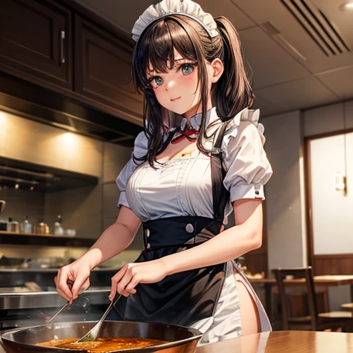 A woman in a maid outfit making curry at a curry restaurant