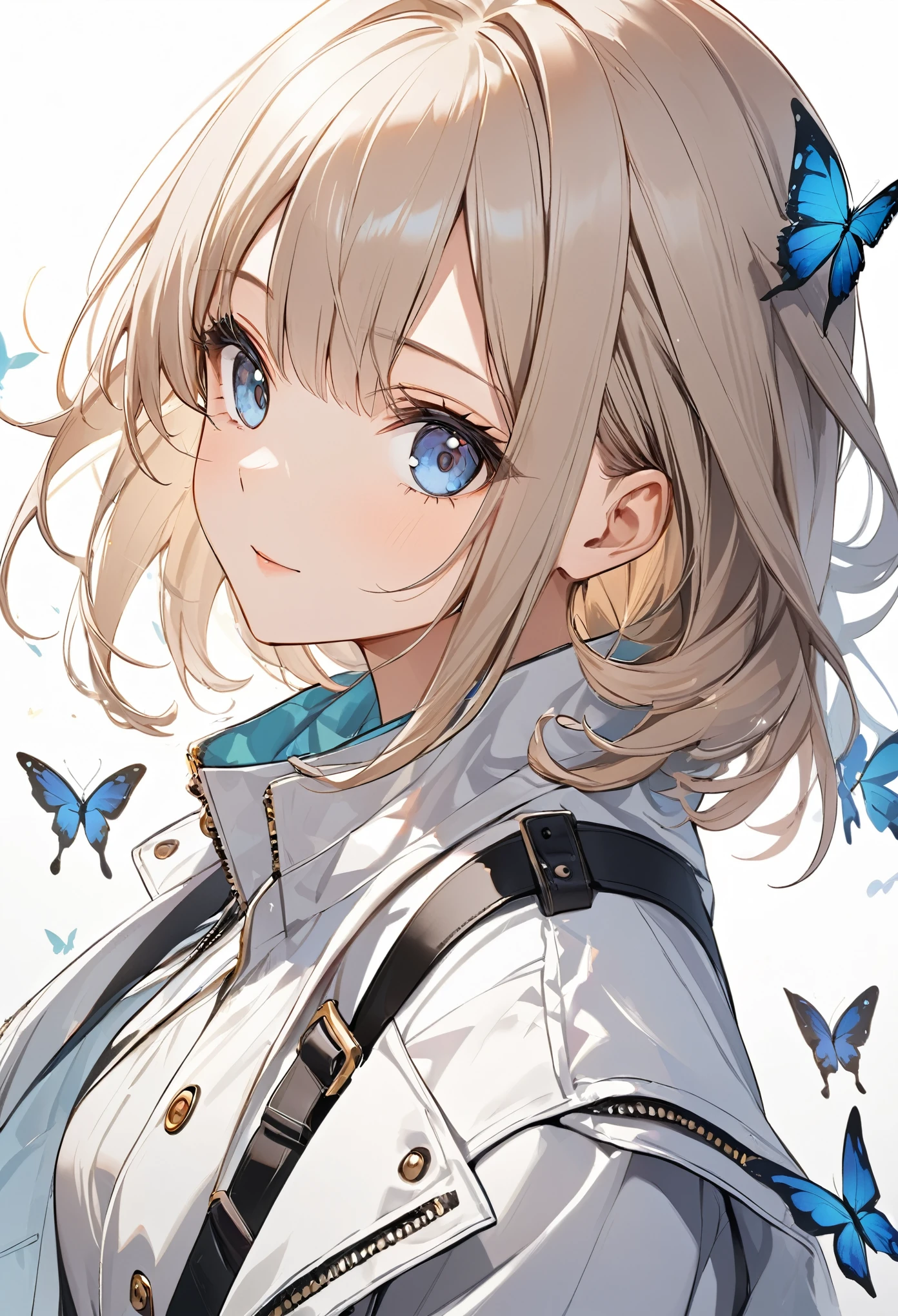 Butterflies are flying、Facing at an angle、1girl, stylish, stylish code, large jacket, simple white background