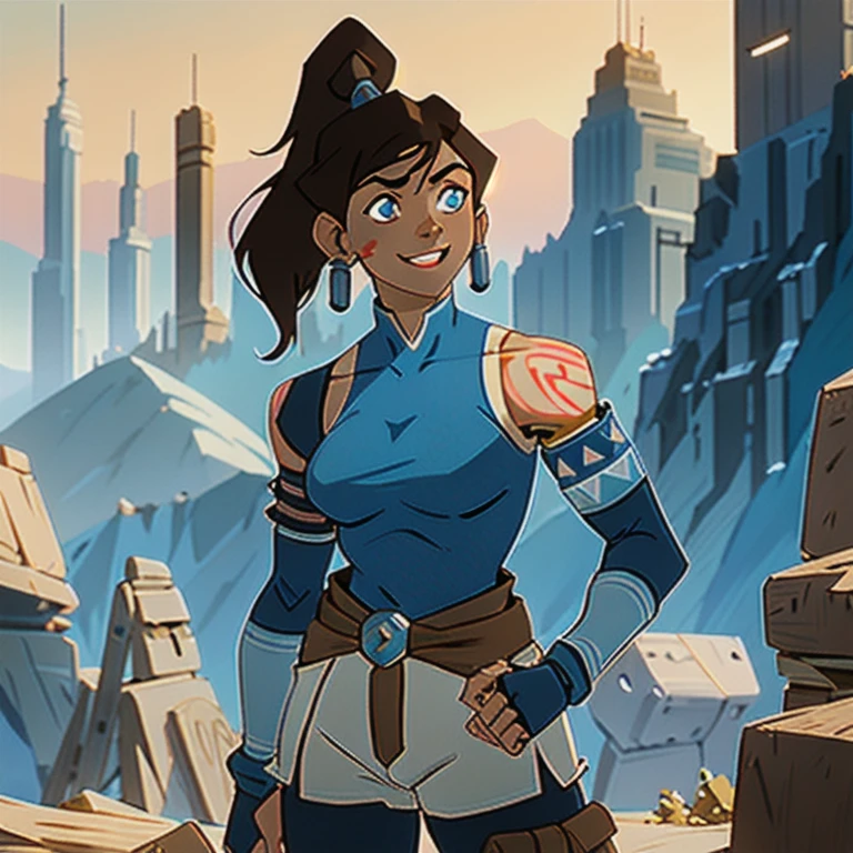 1girl, (solo:1.2), curvy, (masterpiece:1.2), (best quality:1.2), (perfect anatomy:1.4), (standing proud:1.4), (confident:1.2), smile
asura, (film grain:1.2), (highly detailed shading:1.2), shiny skin, (large breasts:1.2), (cowboy shot:1.2), korra, long hair, (brown hair:1.2), black hair, blue eyes, ponytail, dark skin, dark-skinned female, topknot, (hair tubes:1.4), fur-trimmed jacket around waist, (blue halterneck top:1.3), armlet, vambraces, (bare shoulders:1.3), (arm_warmers:1.3), sleeveless, (post fight scenery:1.3), rubble, outside, daylight