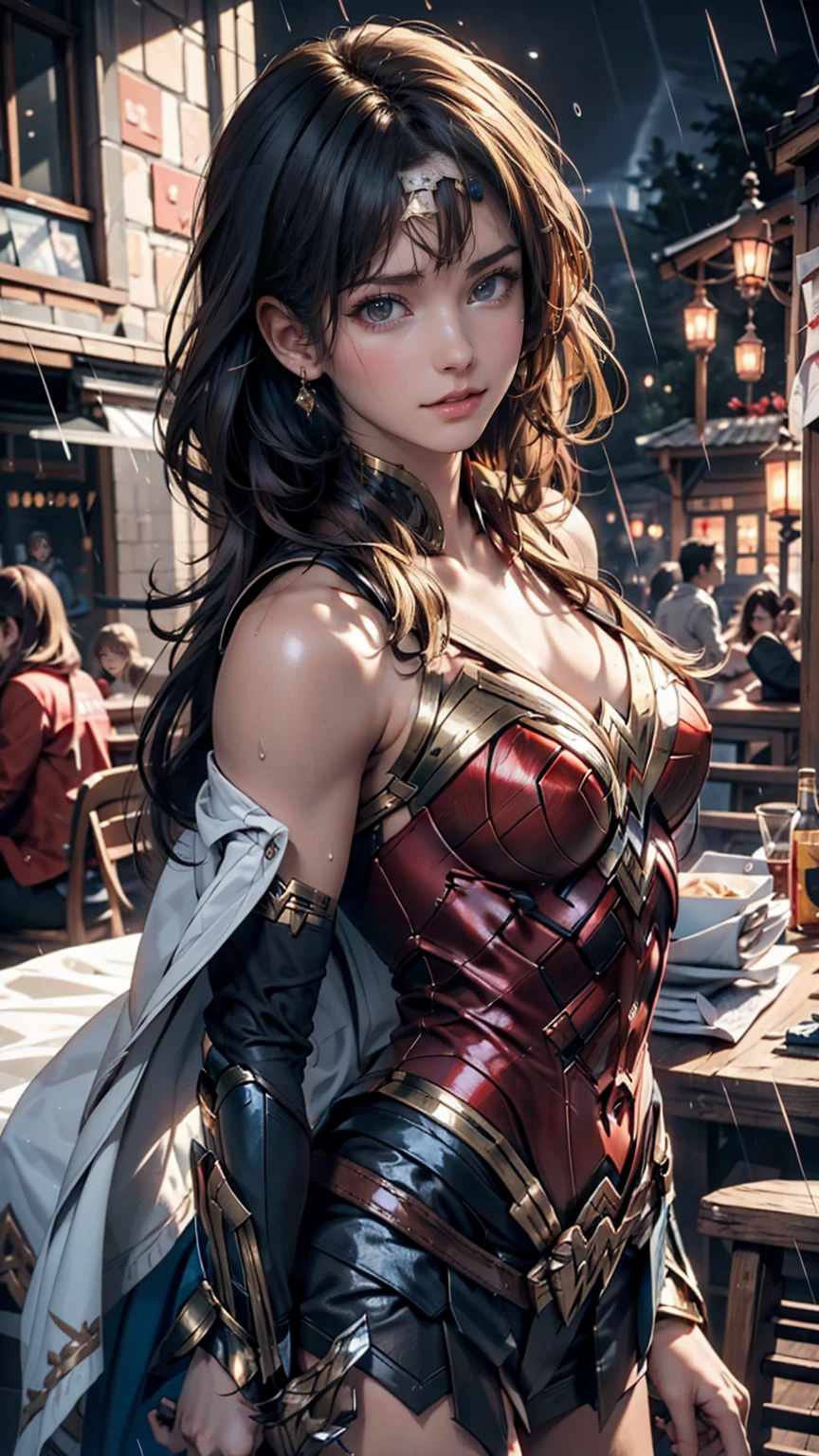 18-year-old girl, Wonder Woman Suit, Short Curly Hair, Blonde, Beautiful Face, rain, roof, masterpiece, Exquisite detail, Perfect Anatomy, Combat Stance