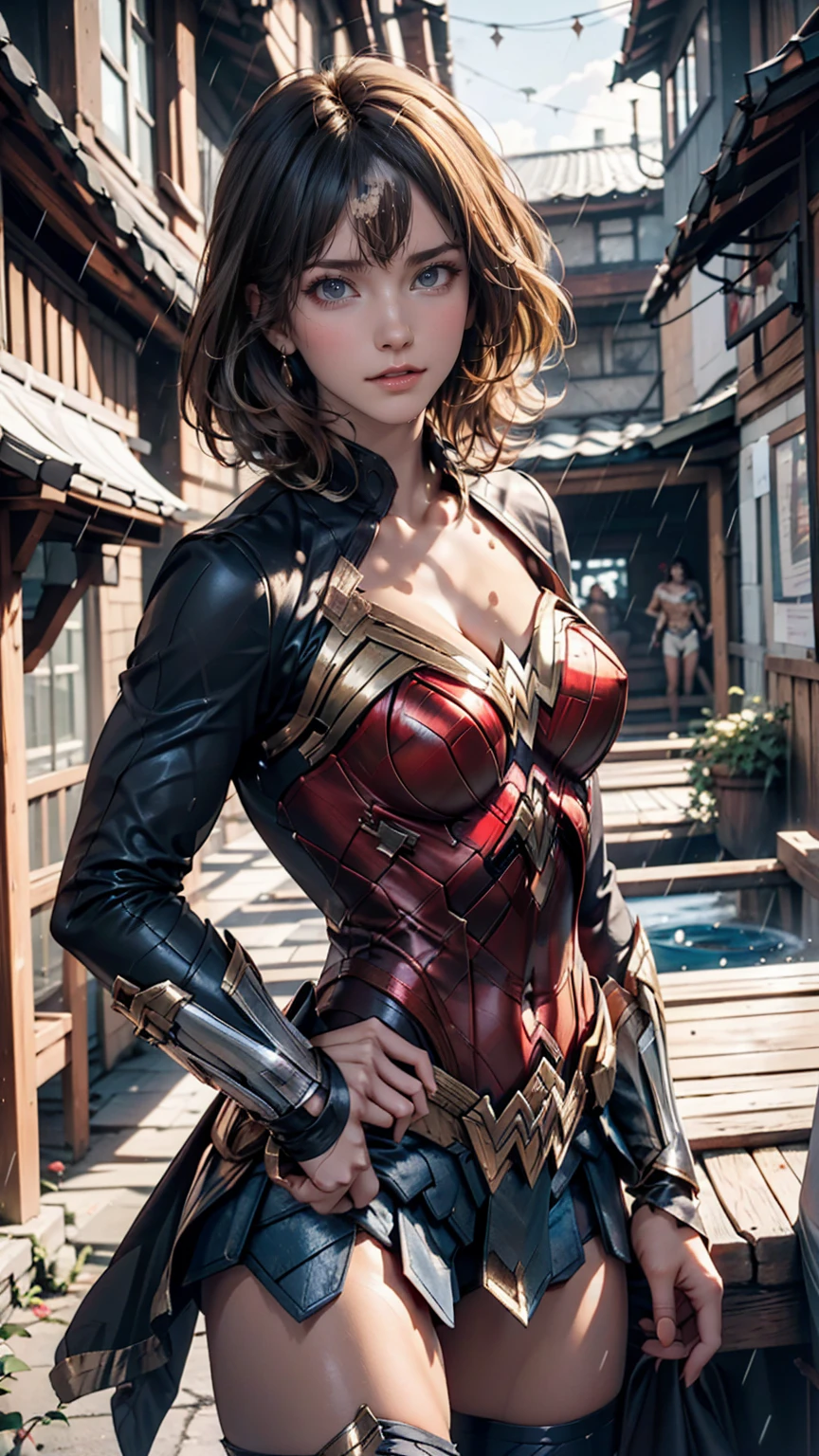 18-year-old girl, Wonder Woman Suit, Short Curly Hair, Blonde, Beautiful Face, rain, roof, masterpiece, Exquisite detail, Perfect Anatomy, Combat Stance