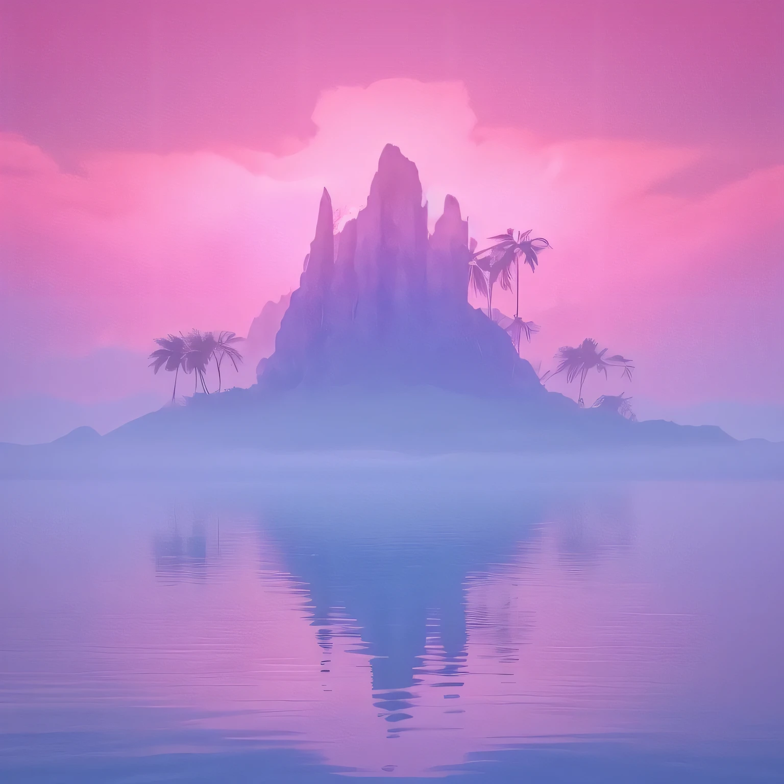 Mysterious tropical island in the vast ocean, Foggy dusk, Island, Lush vegetation, Rocky Shorelines, Calm waves, partly cloudy, Warm colors, Dramatic Lighting, Composition, Reality, 8K, best quality, Very detailed, Intricate details, Theatrical atmosphere, Mood lighting, The tranquil scenery is close to the shore,There is a bonfire with purple flames on the shore,There are tents,There is also a sky curtain in the water