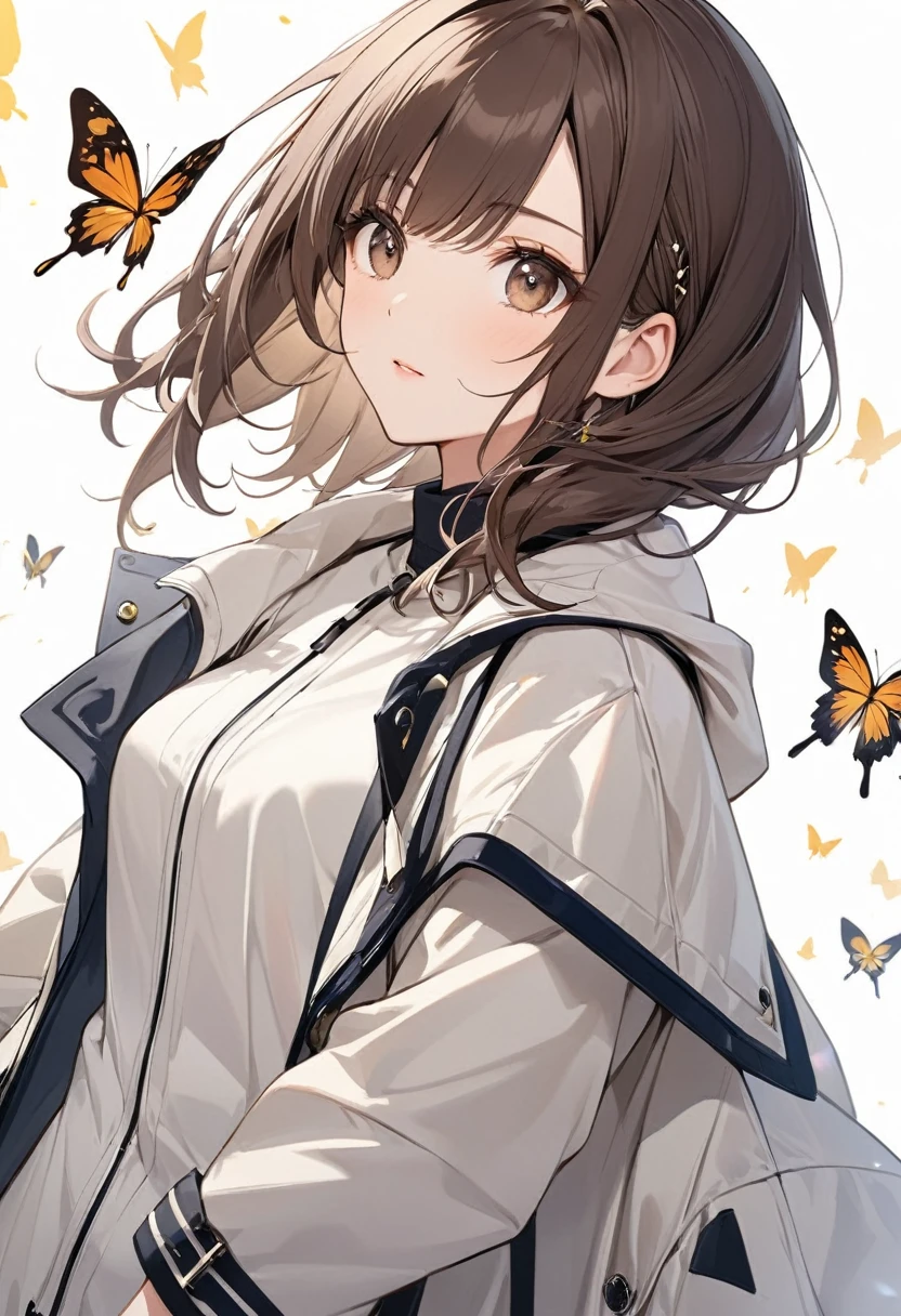 Butterflies are flying、Facing at an angle、1girl, dark brown hair, stylish, stylish code, large jacket, simple white background