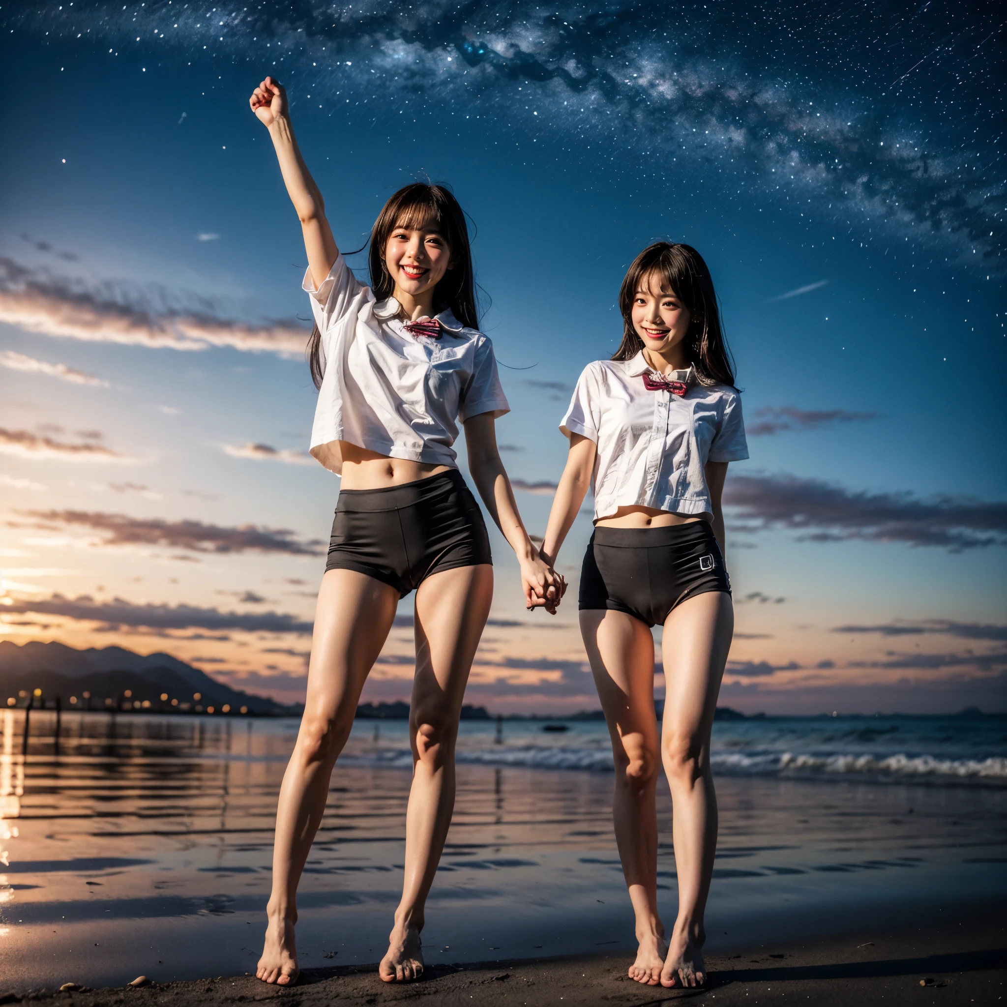 Masterpiece of ProfessionalPhoto ((ExtremelyDetailed (12 PICHIPICHI KAWAII Girls Floating in The Air in a row:1.37) in WHITE at Dusk Enoshima Beach)), {(Standing Full Body:1.2)|(from below:1.2)|Detailed KAWAII face}, Different types of hair colors, {(skinny(school swimwear))|(SchoolUniform)with Skinny AthleticShorts}, {(Corrected ish hand)|Hidden hand|Different types of breasarly Visible the shape of Butt)}, Joyfxpressions LifeLike Rendering, Detailed clothing texture, PerfectLighting, (Dazzling Horizon Visible through ThighGap), (Starry IridescentParticles:1.22) ColorfulClouds