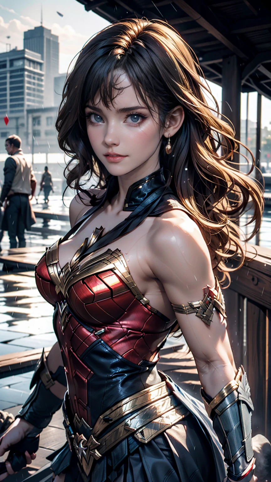 18-year-old girl, Wonder Woman Suit, Short Curly Hair, Blonde, Beautiful Face, rain, roof, masterpiece, Exquisite detail, Perfect Anatomy, Combat Stance