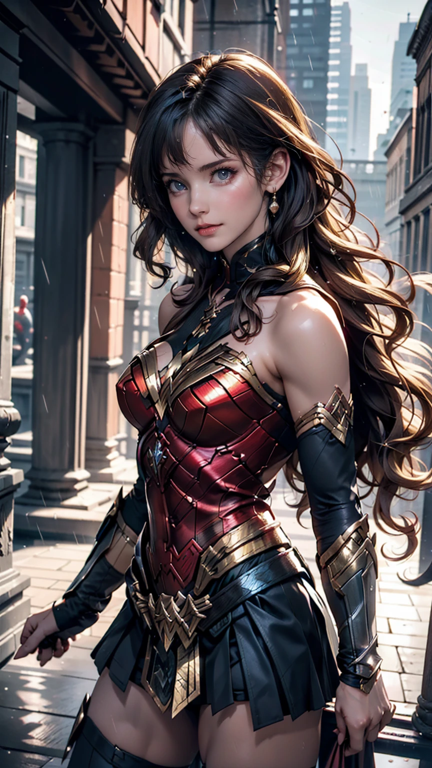 18-year-old girl, Wonder Woman Suit, Short Curly Hair, Blonde, Beautiful Face, rain, roof, masterpiece, Exquisite detail, Perfect Anatomy, Combat Stance