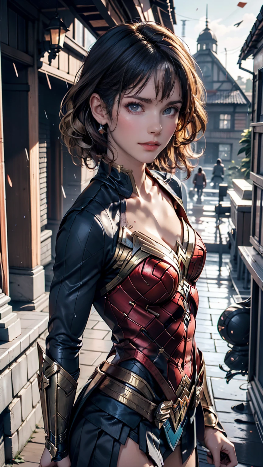 18-year-old girl, Wonder Woman Suit, Short Curly Hair, Blonde, Beautiful Face, rain, roof, masterpiece, Exquisite detail, Perfect Anatomy, Combat Stance