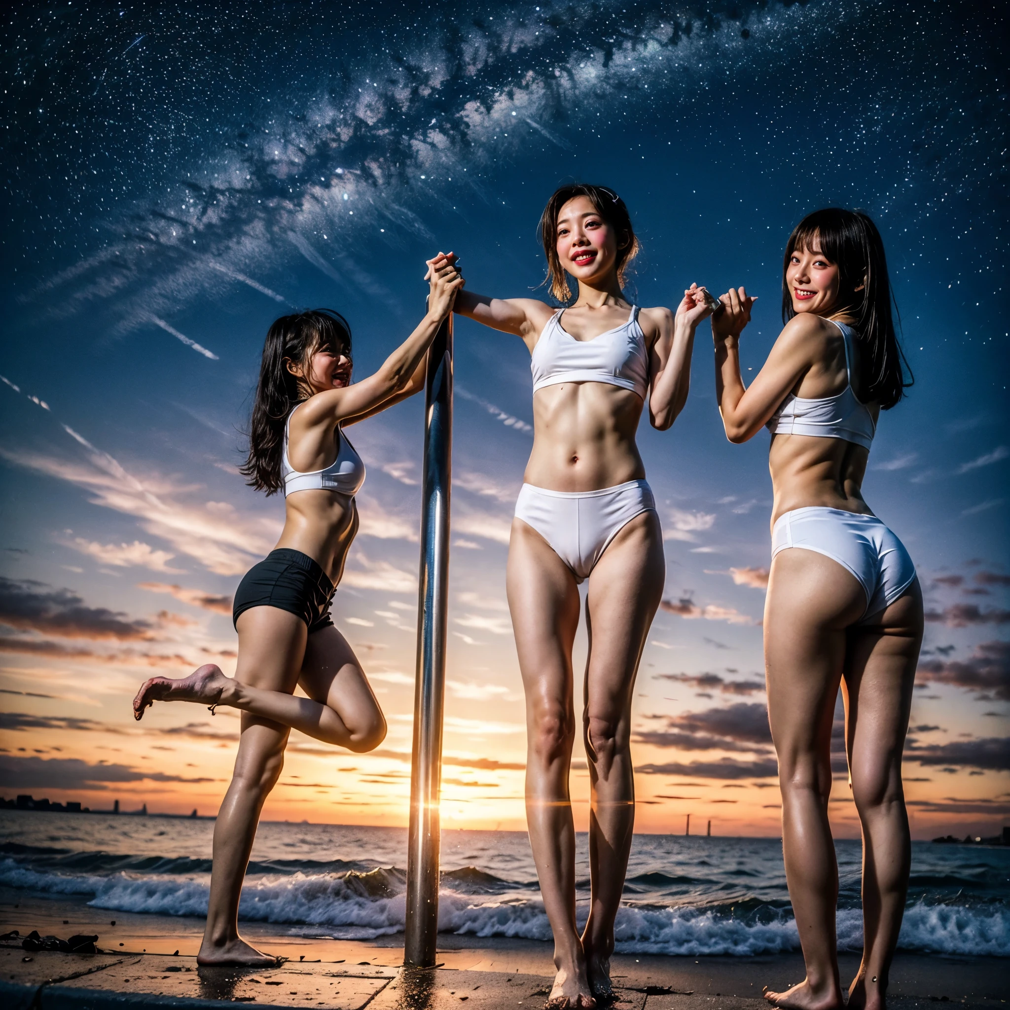 Masterpiece of ProfessionalPhoto ((ExtremelyDetailed (12 PICHIPICHI KAWAII Girls Floating in The Air in a row:1.37) in WHITE at Dusk Enoshima Beach)), {(Standing Full Body:1.2)|(from below:1.2)|Detailed KAWAII face}, Different types of hair colors, {(skinny(school swimwear))|(SchoolUniform)with Skinny AthleticShorts}, {(Corrected Childish hand)|Hidden hand|Different types of breasts|(Clearly Visible the shape of Butt)}, Joyful Expressions LifeLike Rendering, Detailed clothing texture, PerfectLighting, (Dazzling Horizon Visible through ThighGap), (Starry IridescentParticles:1.22) ColorfulClouds