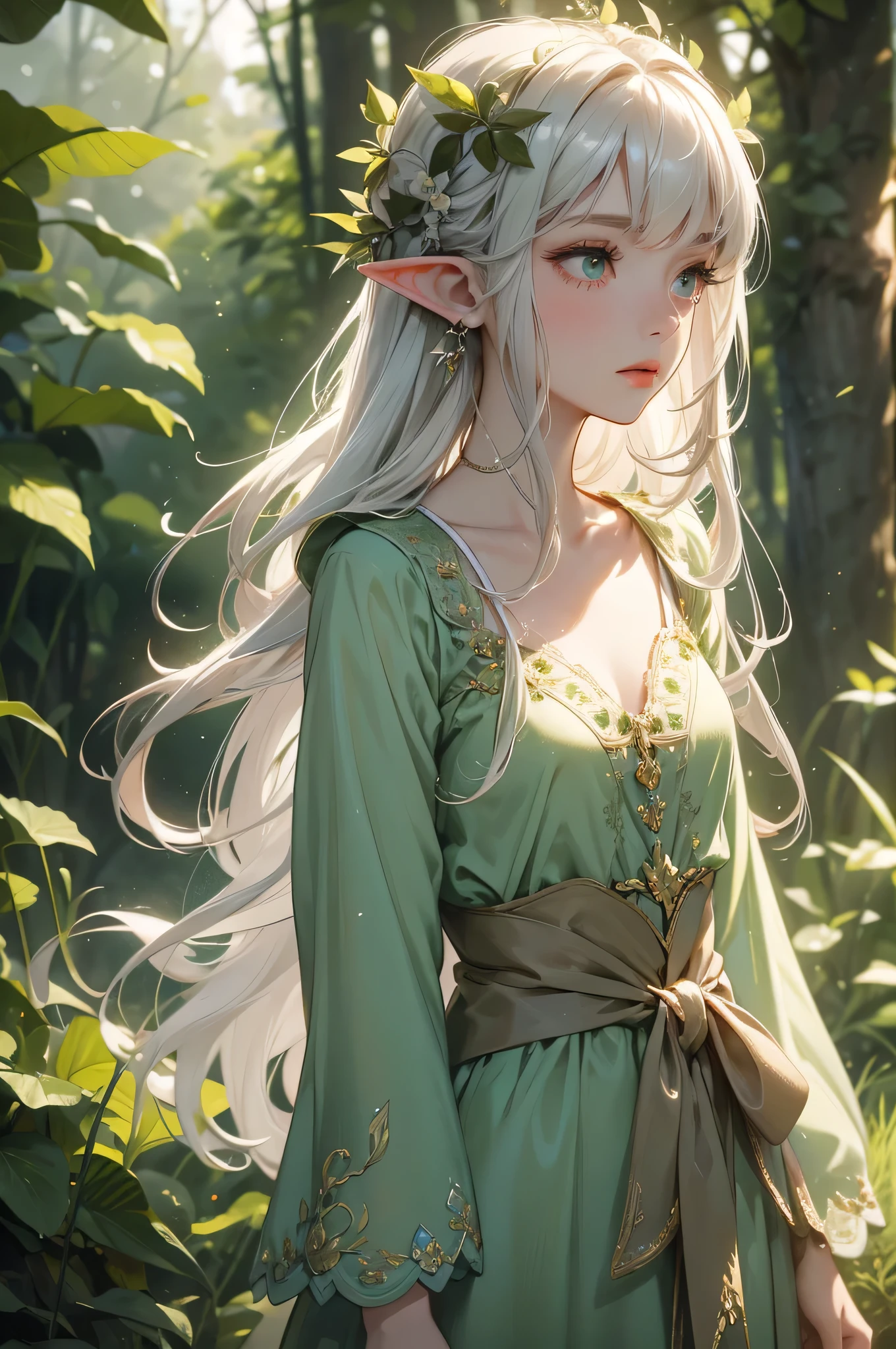 Dolly is a young elf with long silver hair that falls in soft waves down to her waist.. His eyes are a deep green, reflecting the serenity of ancient forests. Her skin is clear and has an ethereal glow., as if always bathed in moonlight. Dress in simple, functional clothes, generally made from natural fabrics and dyed in shades of green and brown, adorned with small accessories made of leaves and flowers.