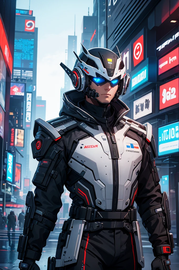 make a futuristic military, man in a technological uniform. futuristic cyberpunk cear
