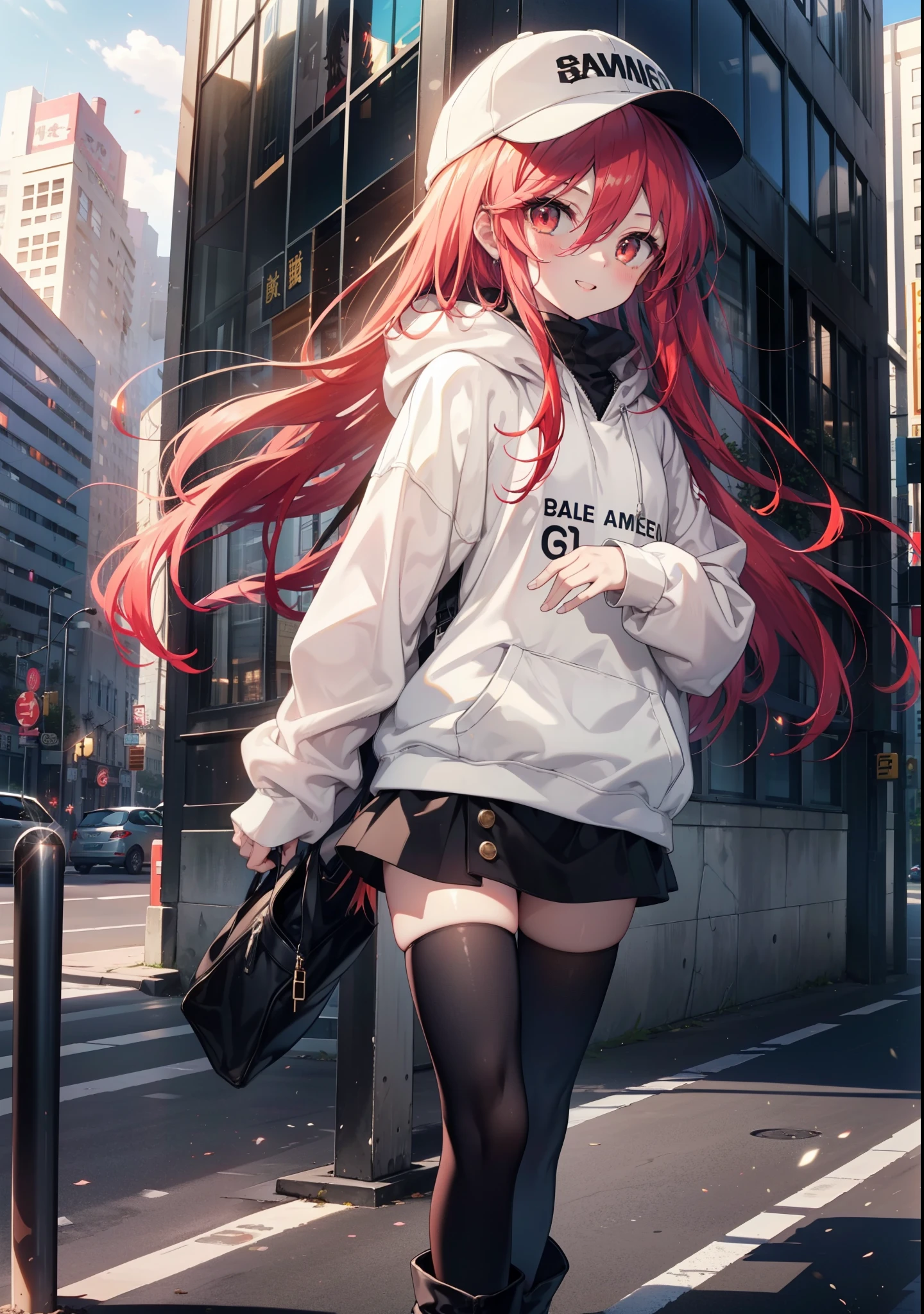 Shana,灼眼のShana,Long Hair, Redhead, Red eyes,happy smile, smile, Open your mouth,Oversized red hoodie,Baseball hats,mini skirt,black tights,short boots,Walking,morning陽,morning,The sun is rising,whole bodyがイラストに入るように, 　　　　　　　break outdoors, Building district, 　　　　　　　　　　　break looking at viewer, whole body, 　　　　　　　　break (masterpiece:1.2), Highest quality, High resolution, unity 8k wallpaper, (shape:0.8), (Beautiful attention to detail:1.6), Highly detailed face, Perfect lighting, Highly detailed CG, (Perfect hands, Perfect Anatomy),