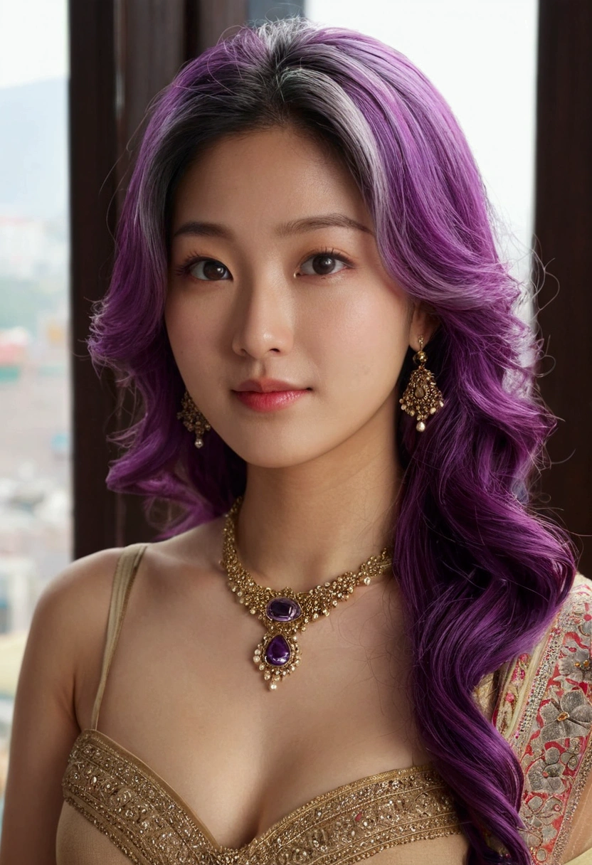 8k、RAW Photography、top-quality、masterpiece:1.2)、(realisitic、photoRealstic:1.37)、1girl in、Nepali、25-years old、FEMALES、(deep in the night)、sunlights、a room、Daytime cityscape seen from the window、Studio Lighting、face lights、photon maping、Radio City、Purple hair、A detailed face、detailed lips、A detailed eye、More skin、double eyelid、(Huge round:1.3)、((Exposure))、(Sally and blouse、Nepal)、(Saree)、(Wearing a saree)、((no brassiere)))、Exposed cleavage、exposed shoulder、Thigh exposure、(camel's toe)、perfectbody、shinny skin、(Body wet with sweat:1.2)、smirking face、((sitting on))、Make eye contact with the camera、Lens blur for background camera、depth of fields、35 m、Ultra-detail、ultra-quality、flawless、Anime tattoo on right hand、((Vintage style photography)),hands on ,,((NSFW 1:1))