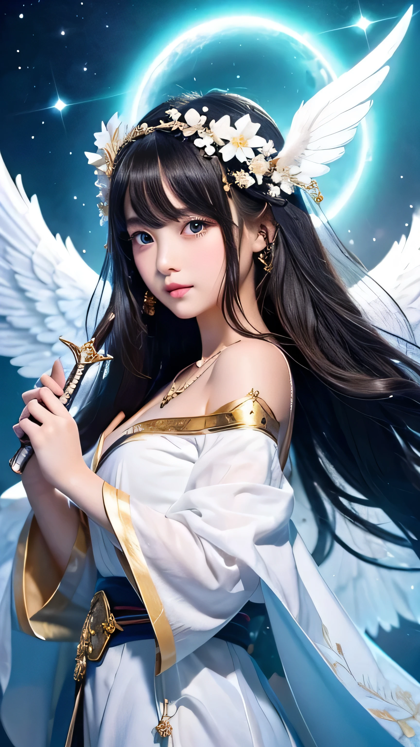 Create a cute and enchanting depiction of a female Japanese Archangel Michael, blending her powerful presence with an adorable charm.

**Overall Appearance**:
- **Height**: Slightly taller than average, with a cute and approachable presence.
- **Body Type**: Slender yet slightly rounded, emphasizing her cuteness and elegance.
- **Aura**: Surrounded by a soft, glowing aura, symbolizing her holy nature.

**Facial Features**:
- **Face**: Beautiful and cute, with a heart-shaped face and soft features. Her expression is gentle and warm, radiating kindness and protection.
- **Eyes**: Large, bright blue eyes that sparkle with innocence and determination. Long, fluttery eyelashes enhance her eyes.
- **Hair**: Long, flowing black hair with a slight wave, adorned with cute accessories like small flowers or ribbons.

**Attire**:
- **Armor**: Wearing a simplified, cute version of golden armor that is both protective and charming. The armor has delicate designs and angelic motifs, reflecting her heavenly origin.
- **Kimono Elements**: Incorporate traditional Japanese elements such as a kimono-style underlayer with adorable patterns, adding a cultural touch to her appearance.
- **Cape**: A short, flowing cape that billows gently, adding to her cute and heroic appearance.
- **Accessories**: Adorned with a small golden halo above her head and a delicate necklace with a small cross charm.

**Wings**:
- **Angel Wings**: Large, fluffy white wings that extend from her back, covered in soft, glowing feathers. The wings are cute and majestic, symbolizing her angelic nature and ability to soar through the heavens.

**Weapons**:
- **Sword**: Holding a small, radiant sword that glows with divine light. The sword is intricately designed, with angelic runes and a sharp, gleaming blade, symbolizing her role as a warrior of God.

**Illustration Image**:
- **Background**: A serene and heavenly setting, possibly with fluffy clouds, light rays, and a radiant sky. The background should convey a sen