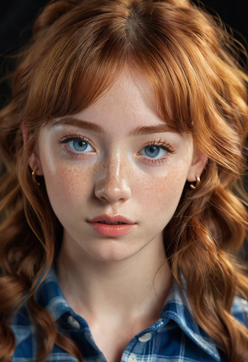 (best quality, 4k, highres, highres face details),18 yrs old, 1girl, solo, athletic figure, ginger skin, light freckles, hoop earrings, perfect nose, perfect lips, pretty face, wearing a blue flannel shirt, wearing leggings, ginger hair, long curly hair, crossed bangs, brown eyes, constricted pupils, earrings, cinematic lighting, Ultra-Wide Angle, Canon, Hyperrealism, UHD, masterpiece, textured skin, high details, best quality, detailed eyes, detailed iris, whole body photo, posing for the camera