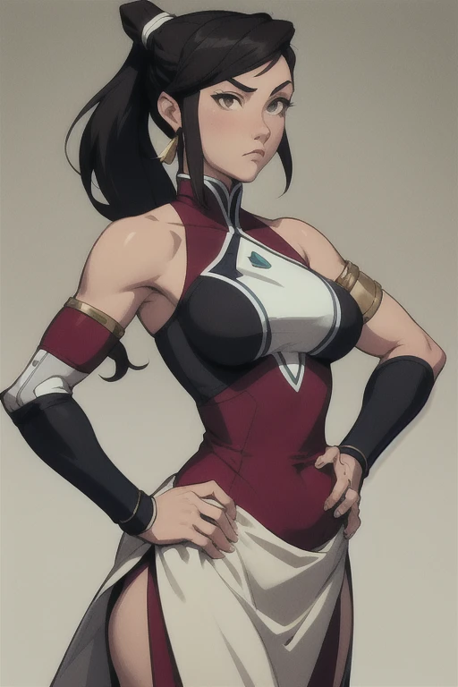 masterpiece, best quality, Mature female, korra, long hair, black hair,,  bare shoulders, medium breasts, ponytail, hand on hip, hair tubes, armlet, vambraces, topknot,, whole-body