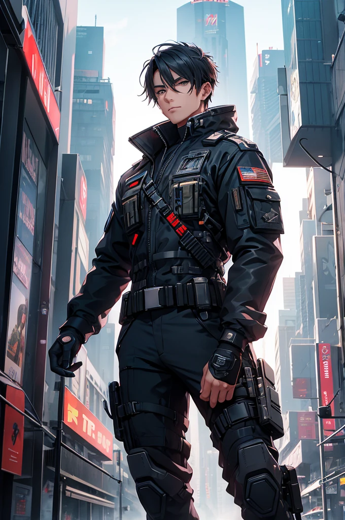 make a futuristic military, man in a technological uniform. futuristic cyberpunk cear