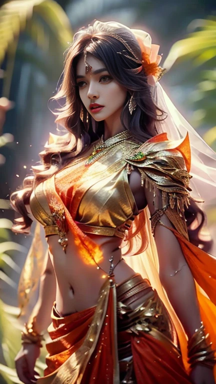 4K, UHD, masterpeice, 1 girl, good face, detailed eyes, detailed lips, very long hair, straight hair, very long hair, beautiful hair, hair ornaments, hairband, gradient hair, ((orange lehenga)), ((bridal lehenga)), ((decorated blouse)), sardine, ((ornament lehenga)), ((orange lace)), ((diamond bracelet)), ((pendant)), Pearl, ornaments, necklace, earring, high lighting, ((bare stomach)), ((in the wedding stage)), orange color, depth of field, ray tracing, ultra realistic detailed,