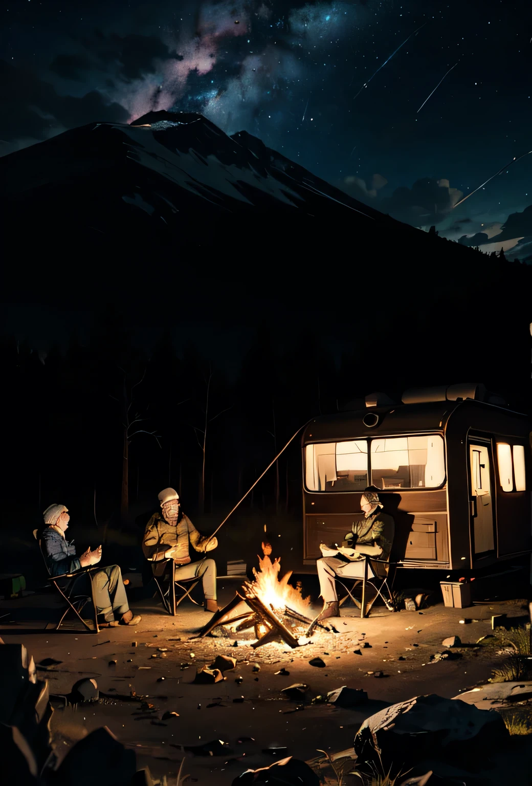 A group of caravanners in a rugged wilderness landscape,Under the moonlit night sky,Rest around the campfire, middle Ages, Clear focus, Extremely detailed, Reality, best quality, 8K