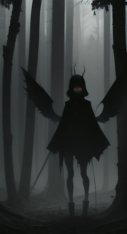 Foggy Forest, demonic silhouette, fairy shadow figure, red eyes, eyes in the fog, rotting, looking dead, torn wings, forest ruins,