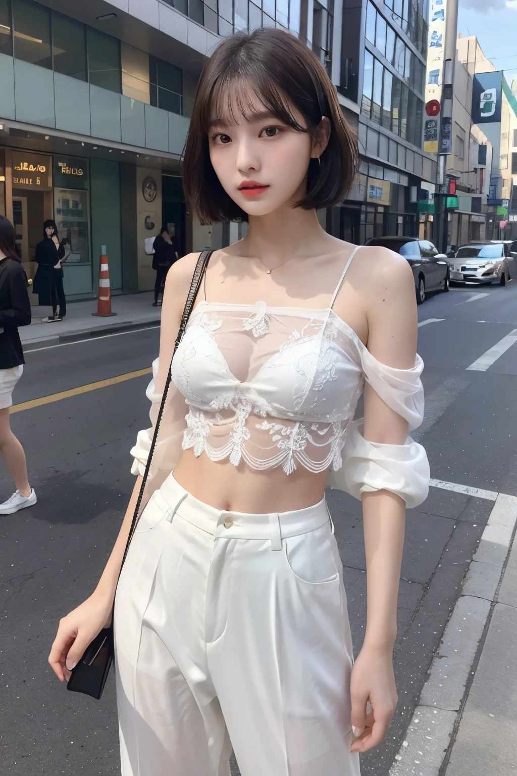 (Realistic, High Resolution: 1.3), 1 Girl with Perfect Body, H1-KEY HWISEO, 42 years old, ((h1-key hwiseo)), Create a picture of a young woman with a short bob cut standing on a city street。building in the background、City sign、There is a slightly cloudy sky。She has a calm, expressionless face.、She is wearing an embroidered sheer top and white pants。A white crossbody bag is hanging over her shoulder.。
