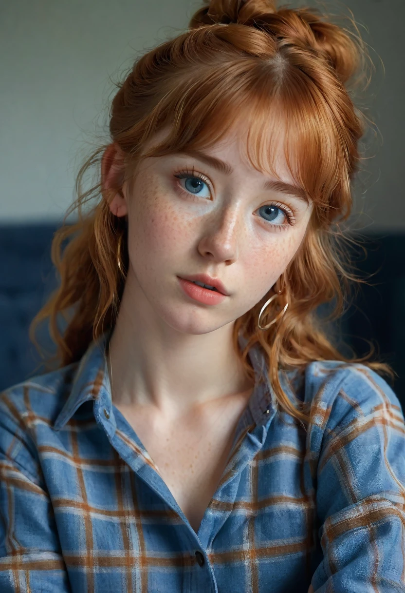 (best quality, 4k, highres, highres face details),18 yrs old, 1girl, solo, athletic figure, ginger skin, light freckles, hoop earrings, perfect nose, perfect lips, pretty face, wearing a blue flannel shirt, wearing leggings, ginger hair, long curly hair, crossed bangs, brown eyes, constricted pupils, earrings, cinematic lighting, Ultra-Wide Angle, Canon, Hyperrealism, UHD, masterpiece, textured skin, high details, best quality, detailed eyes, detailed iris, whole body photo, posing for the camera