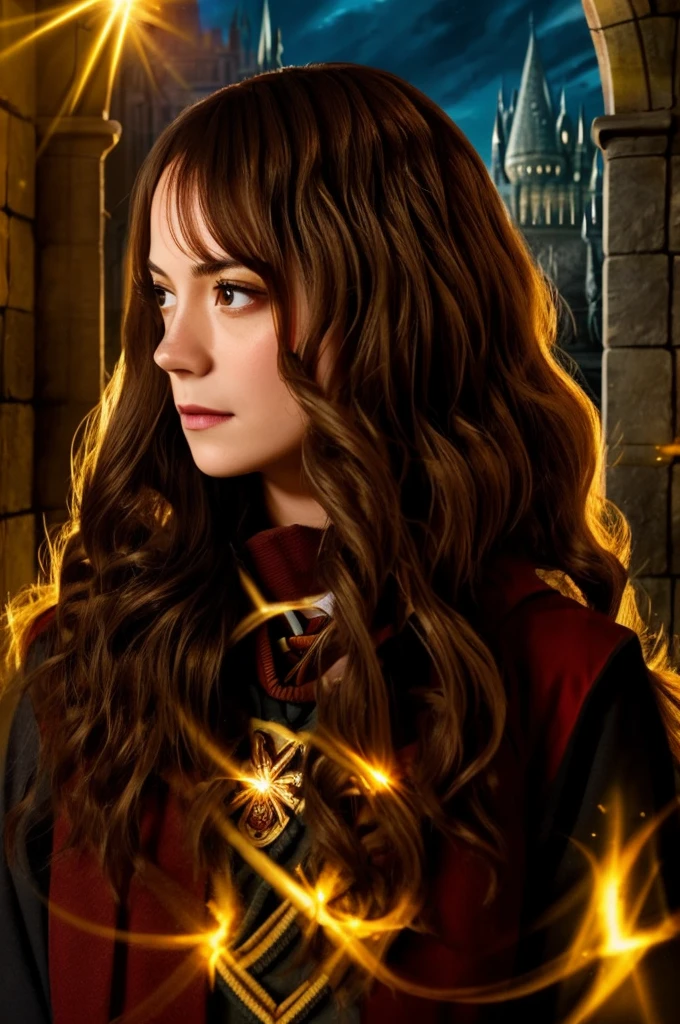 Create an image of a shoulder length dark-haired young woman with hazel eyes wearing Gryffindor uniform from Hogwarts. She should have a striking resemblance to Kaya Scodelario with a medium chest size. Position her in the foreground, with the majestic Hogwarts castle courtyard as the backdrop, bathed in the soft, golden light of a setting sun. The scene should capture the enchantment and grandeur of the magical world, emphasizing the young woman's confident and determined expression.
