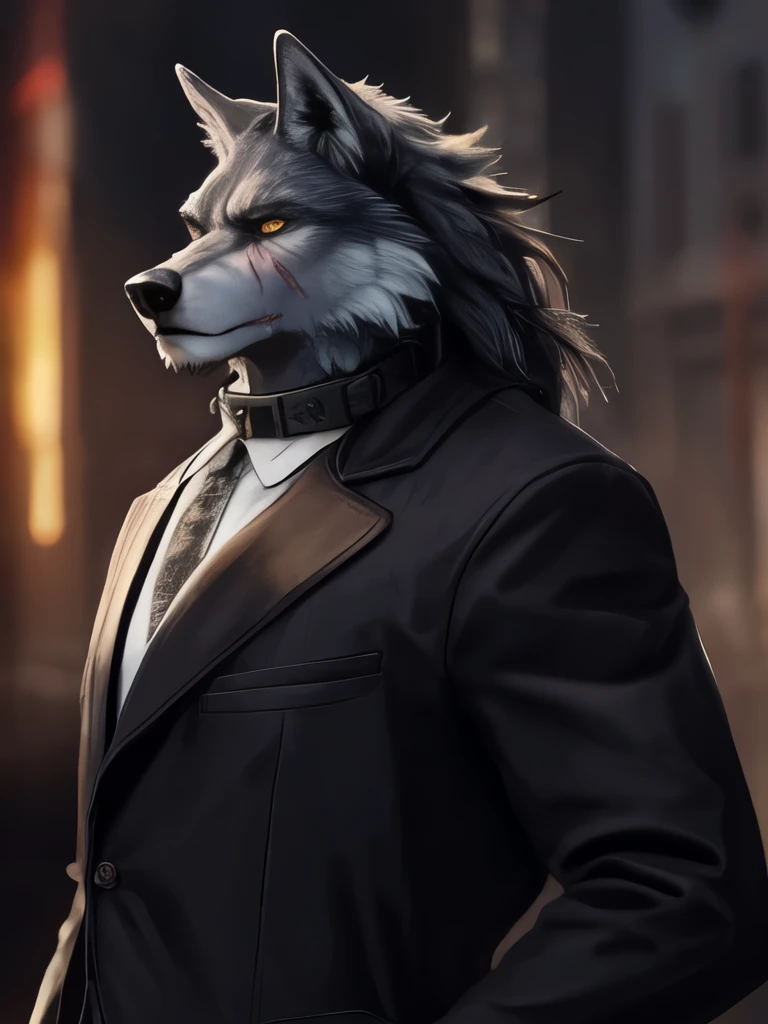 Wolf,Height 190cm/85kg,Medium build,Dark gray fur,There are two scars on the right eye,There is a scar on the right side of the nose,Golden pupil,Serious expression,Black Raw Edge Collar Trench Coat,