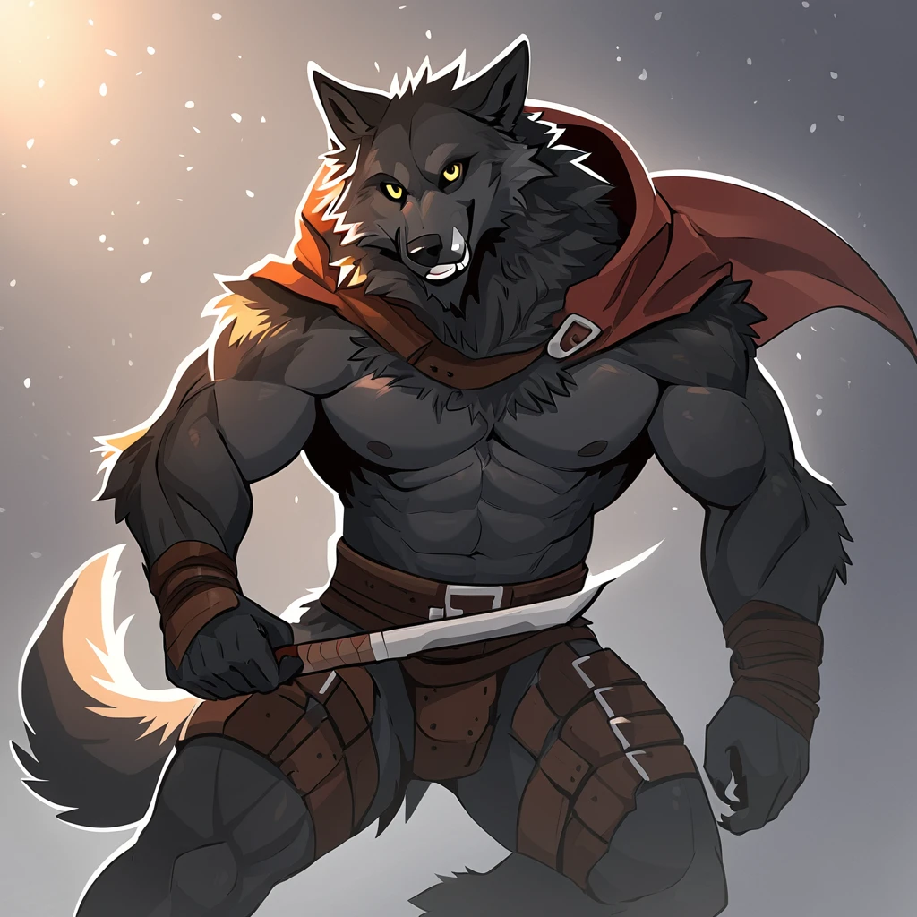 canid, canine, canis, mammal, mythological_canine, mythological_creature, were, werecanid, werecanine, werewolf, wolf, mythology, anthro, biped, questionable, black_body, black_fur, black_nose, male, fingers, fluffy, fluffy_tail, fur, bare_chest, looking_foward, looking_at_viewer, muscular, muscular_anthro, muscular_male, warrior, leather_pads, leather_armor, cape, holding_battle_axe, smile, solo, full_body, tail, tuft, 2020, digital_media_(artwork), hi_res, masterpiece