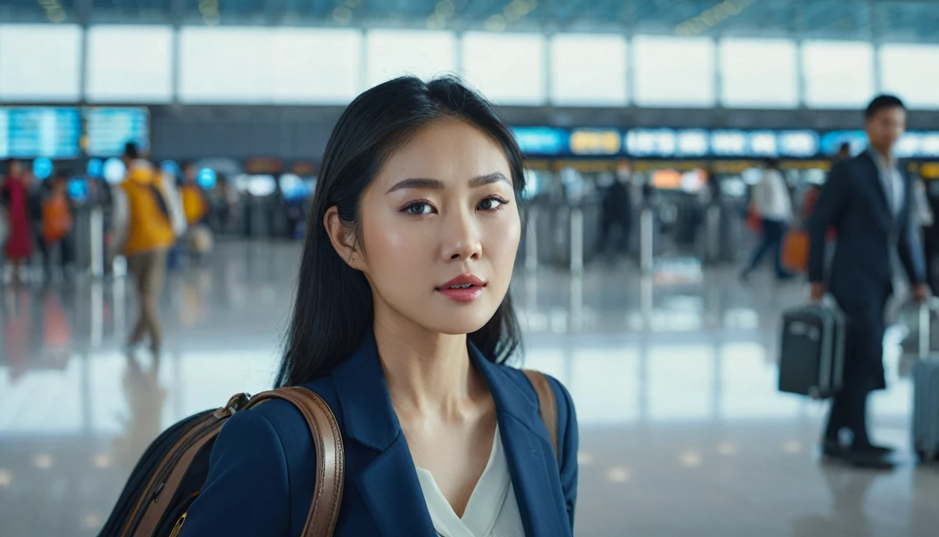 a beautiful asian woman in an airport, detailed face and body, photorealistic, 8k, hyper detailed, cinematic lighting, intricate details, elegant fashion, emotional expression, airport interior, passengers, luggage, natural pose