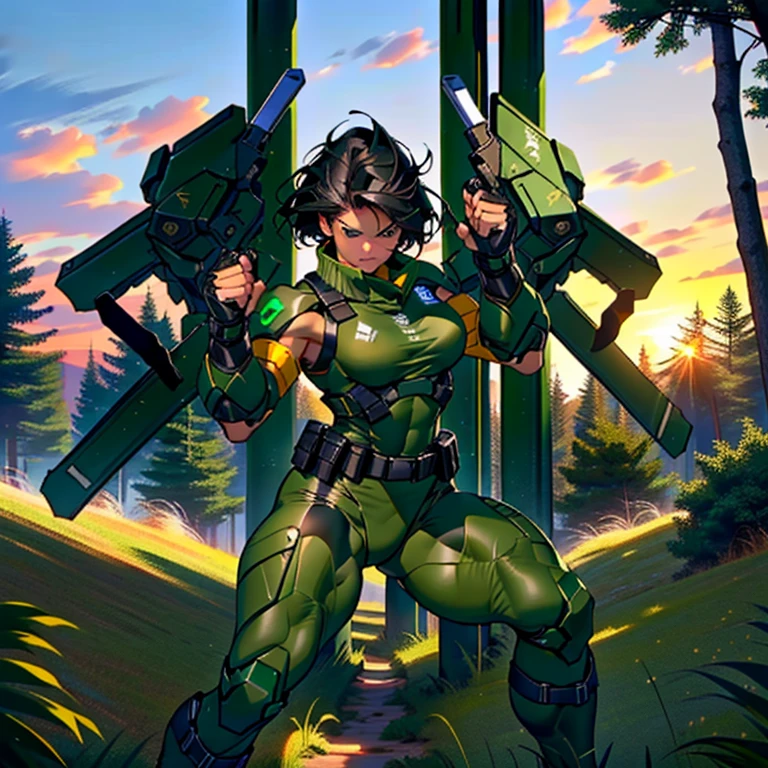 (Young woman 20 years old, 1,70 m with 65 kg, athletic body fitness with combat training), fair brown-skinned, eyes browns, robust and defined bone structure with well-developed muscles in the legs and back, (((short black hair, Smooth and thick))), ((wearing combat uniform with green tights)), being seen from head to toe, (((fully body))), (((combat pose))), in the woods at sunset.