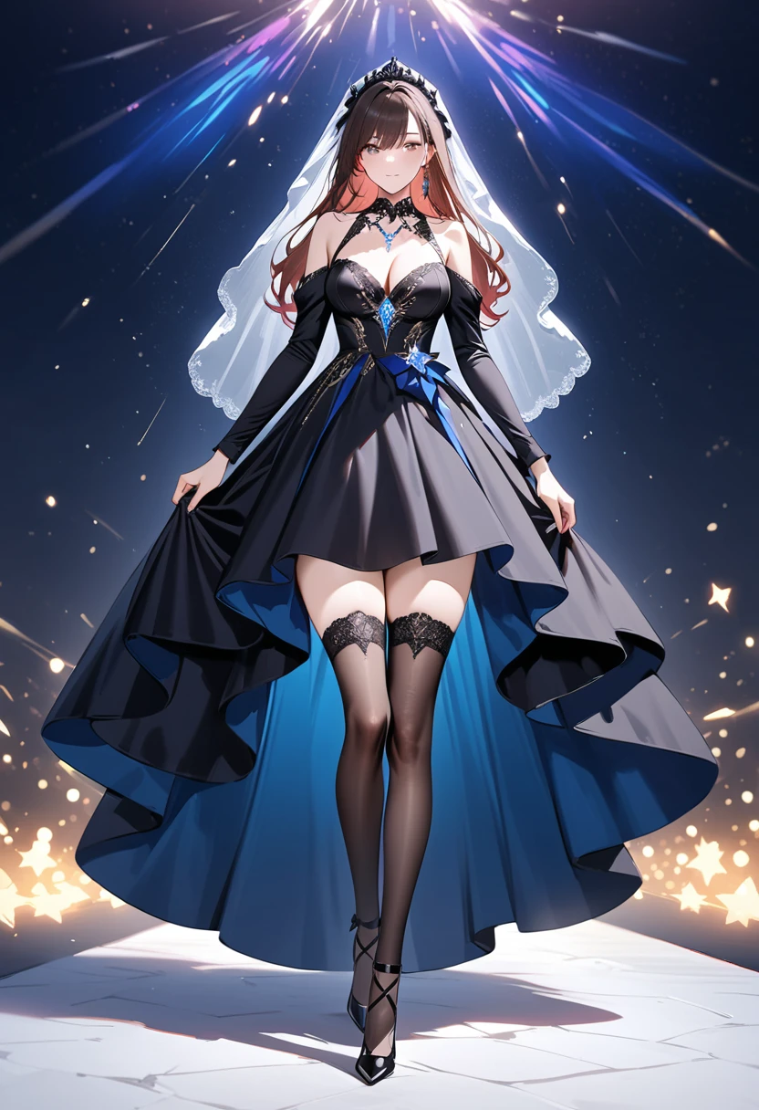a glamour picture shot, of an elite model covered in stars, walking on a (dark catwalk: 1.2), an extraordinary glamourous elite female model, ((full body: 1.5)),  ((anatomically correct: 1.5), (ultra detailed face: 1.2), best detailed face, yrllow hair, long hair, lush hair, glam hair cut, blue eyes, delicate face, light make up, wearing intricate detailed dress, glamour dress, haute couture dress, elite fashion dress, black as night dress, decorated with bright stars, starlight,  small cleavage, wearing high heels, elegant high heels, she wears diamond necklace, she is glows in a soft starry light, she walks on (asteroid catwalk: 1.2), elite fashion show background, vibrant, Hyperrealism style, vibrant, Ultra-high resolution, High Contrast, (masterpiece:1.5), highest quality, Best aesthetics), best details, best quality, highres, ultra wide angle, 16k, [ultra detailed], masterpiece, best quality, (extremely detailed) RAW, chumbasket art style, hud_s1n, short black dress, long sleeves, veil, thighhighs, star, Haute_Couture