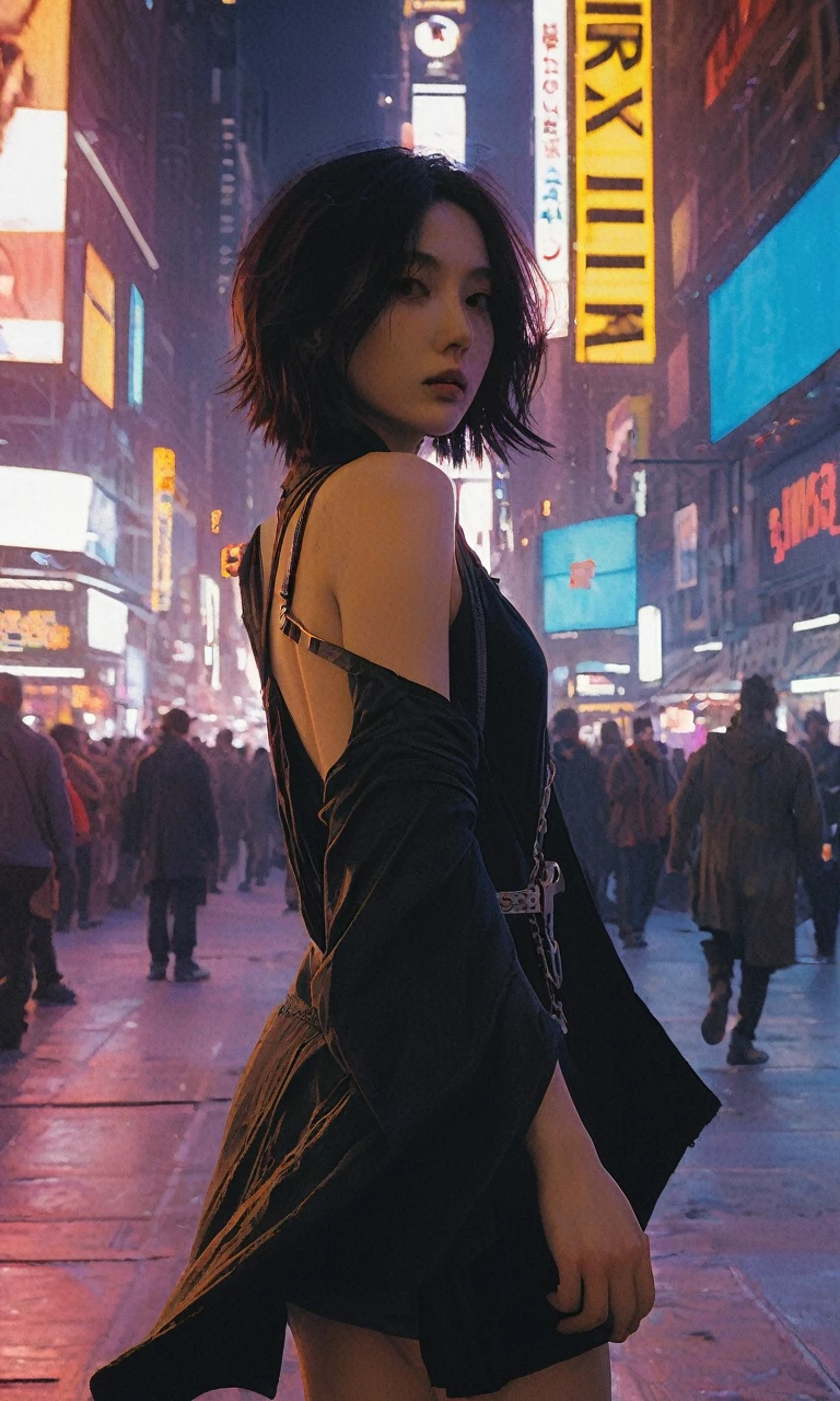 xxmixgirl,1 Detailed face of a woman、time square、Detailed Background、Cyberpunk Shadow、Running,Dramatic lighting、Author: bill sienkiewicz ( Simple Positive XLv1:0.7) ，Little Lori&#39;Appearance，Bunny ears on the head，Black scorpion braids that hang down to her waist，The cute face is white and red，The legs are thin and slender，She is wearing a little pink coat，White jumpsuit，Pale pink Mary Jane shoes，Fairytale forest in the background。