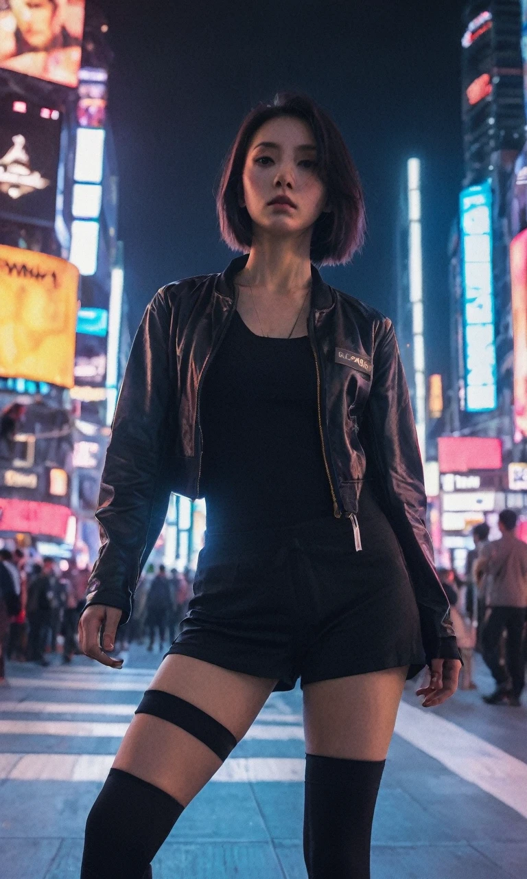 xxmixgirl,1 Detailed face of a woman、time square、Detailed Background、Cyberpunk Shadow、Running,Dramatic lighting、Author: bill sienkiewicz ( Simple Positive XLv1:0.7) ，Little Lori&#39;Appearance，Bunny ears on the head，Black scorpion braids that hang down to her waist，The cute face is white and red，The legs are thin and slender，She is wearing a little pink coat，White jumpsuit，Pale pink Mary Jane shoes，Fairytale forest in the background。