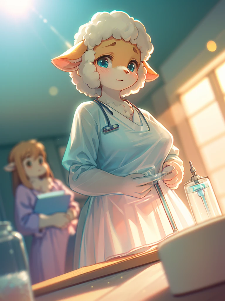 (Sumilux f1.4 50mm , low Latitude old color negative film , cross process , bokeh, flare, chromatic aberration , soft focus, (Shallow focus) , soft glow , Maximum aperture, High Key , Transparent depiction) , Patients sheep mom , in the hospital , Medical gown , (insert Speculum) , on the Delivery table