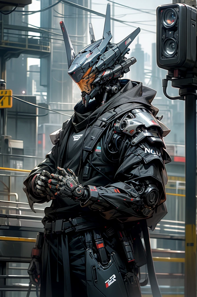A Cyberpunk Robot Policeman with a security camera for a head and a complete armour
